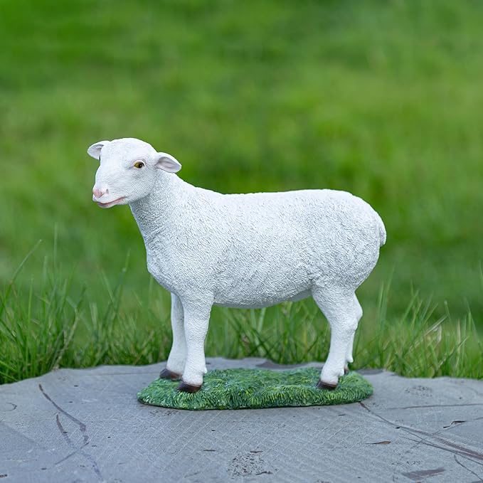 White Standing Lamb Garden Statue, Decorative Resin Sheep Figurine on Grass Base, Farmhouse Animal Outdoor Decor