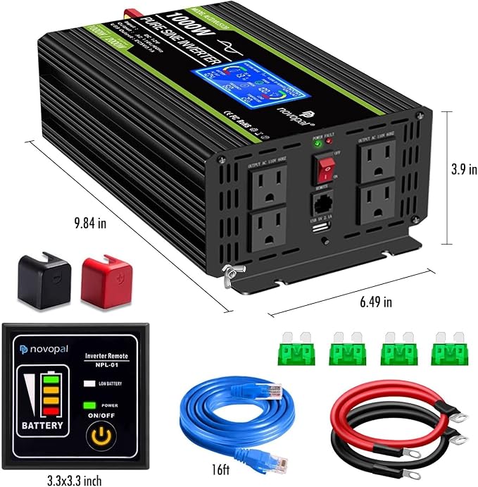 Novopal 1000 Watt Pure Sine Wave Power Inverter 12V DC to 110V/120V AC Converter- 4 AC Outlets Car Inverter with 1 USB Port-16.4 feet Remote Control,Two Cooling Fans and LCD Display Black