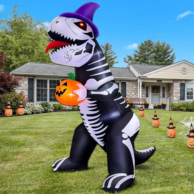 8FT Halloween Inflatables Outdoor Decorations, Halloween Blow Ups Inflatable Skeleton Dinosaur with Pumpkin for Outside Garden Decor, Halloween Decorations Outdoor