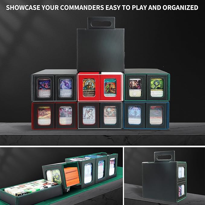 AFIING Commander Deck Box for MTG, Holds 400+ Double-Sleeved Cards, 4 Removable Deck Cases with Display Window, Dice Tray/Handle,Trading Card Storage Organizer/Dividers for TCG (Black Green)