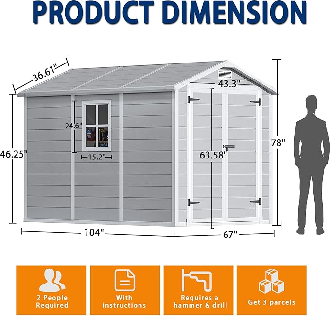 8.7x5.5 FT Resin Outdoor Storage Shed with Floor, Weather-Resistant Plastic Garden Shed with Windows, Lockable Door and Vents, Outside Tool Storage Sheds for Backyard, Garden, Lawn, Grey
