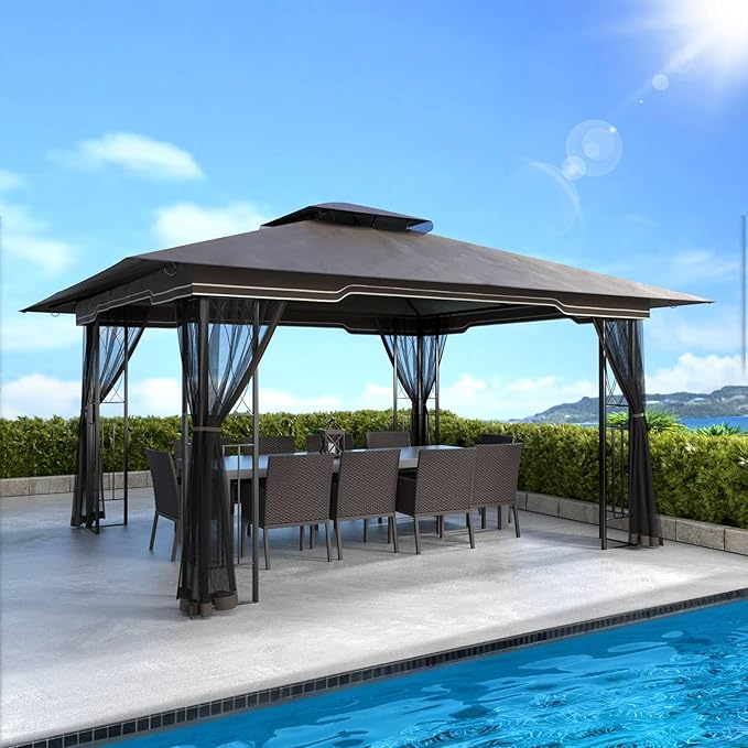 11x13 Outdoor Patio Gazebo with Mosquito Netting and Corner Frame Screen Wall, Double Roofs Metal Frame Party Canopy Tent Shelter for Backyard Garden Deck - Brown