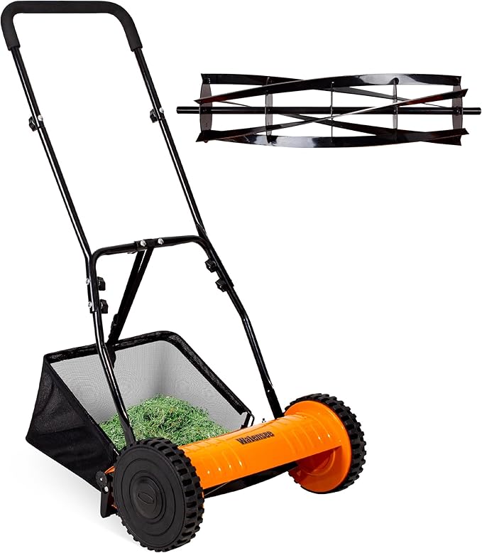 Walensee 14-Inch 5-Blade Push Reel Lawn Mower, Cordless Manual Reel Lawn Mower Walk-Behind Steel Lawn Mowers with Removable 6.7-Gallon Grass Catcher, Sponge Grip, 4-Position Cutting Height Adjustment