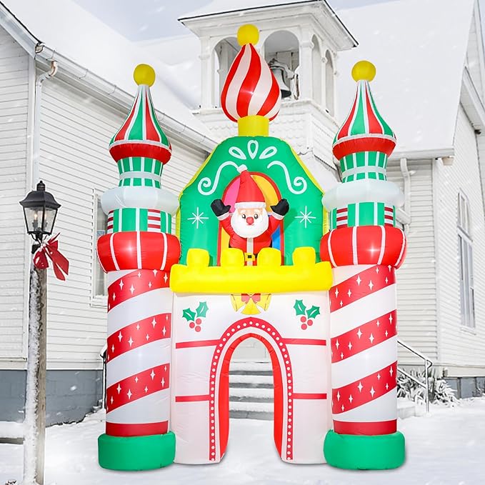 MUMTOP 10FT Christmas Inflatables Outdoor Decoration, Castle Christmas Inflatable with Santa Claus and Built-in Led Lights Blow Up Inflatable for Outdoor Party Lawn Garden Decoration