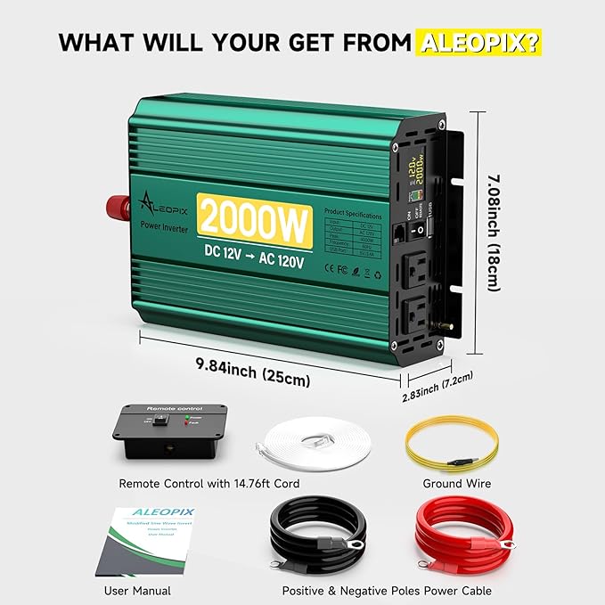 2000 Watt Inverter 12V to 110V/120V, Truck Inverter Modified Sine Wave 4000W Peak Power for Vehicles Car RV, with Remote Controller LED Digital Didplay 2 AC Outlets 3.4A USB Port