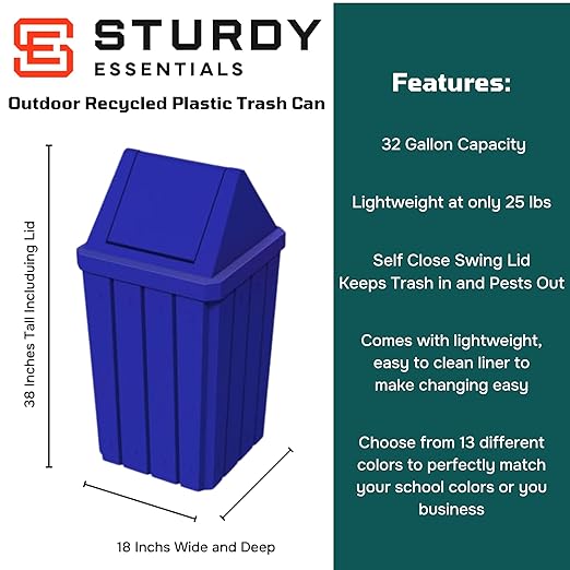 32 Gallon Square Slatted 100% Recycled Plastic Indoor or Outdoor Commercial Trash Can with Easy Access Swing Top Lid | Great for Schools and Businesses - Blue