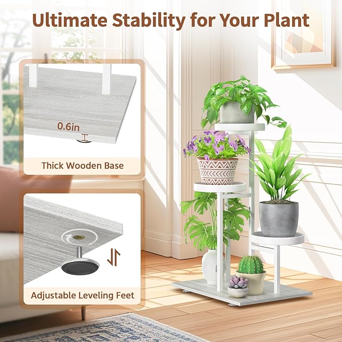 LASZOLA White 3 Tier Plant Stand Indoor Heavy Duty Rack for Modern House Planter, Metal and Wooden Vertical Organizer Decor Narrow Bathroom Floor, Sturdy Multi Level Flower Holder Raised, Cat Proof