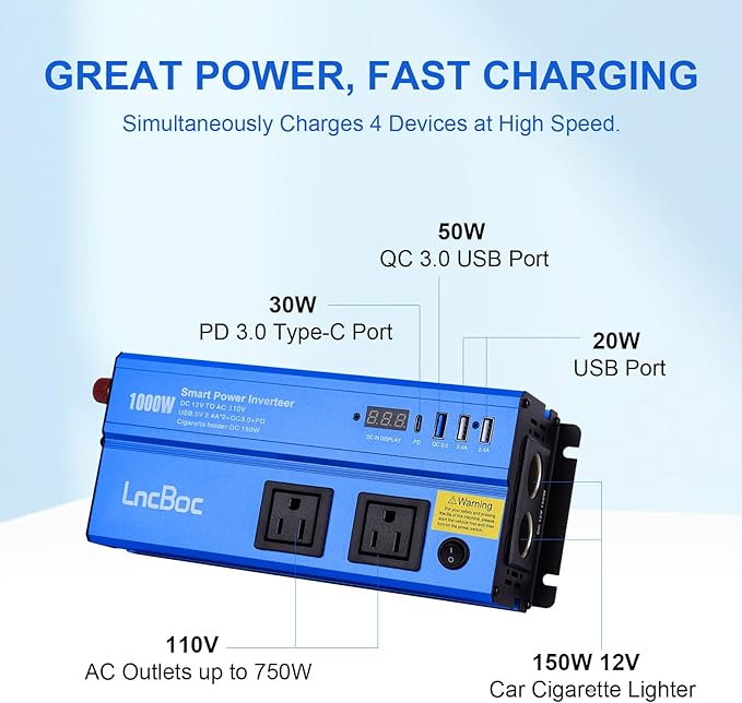 Power Inverter 12v to 110v 1000w: 1000 Watt Dc to Ac Converter Battery Inverters for Car Charger Adapter with Outlet Plug - Inverter with Cigarette Lighter for Car Truck Vehicles Rv Boat Home Auto