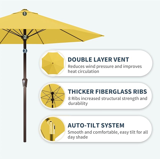 PatioKingdom Auto-Tilt 9FT Patio Umbrella Outdoor with 8 Sturdy Fiberglass Ribs,Market Table Umbrella for Pool,Backyard,Deck and Garden
