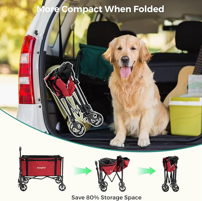 SUNNYFEEL Wagon Cart Foldable, Standard Borderless Version Collapsible Wagon with 220 LBS Max Load, Up to120L Foldable Grocery Cart with Side Opened for Groceries, Garden & Camping,Red