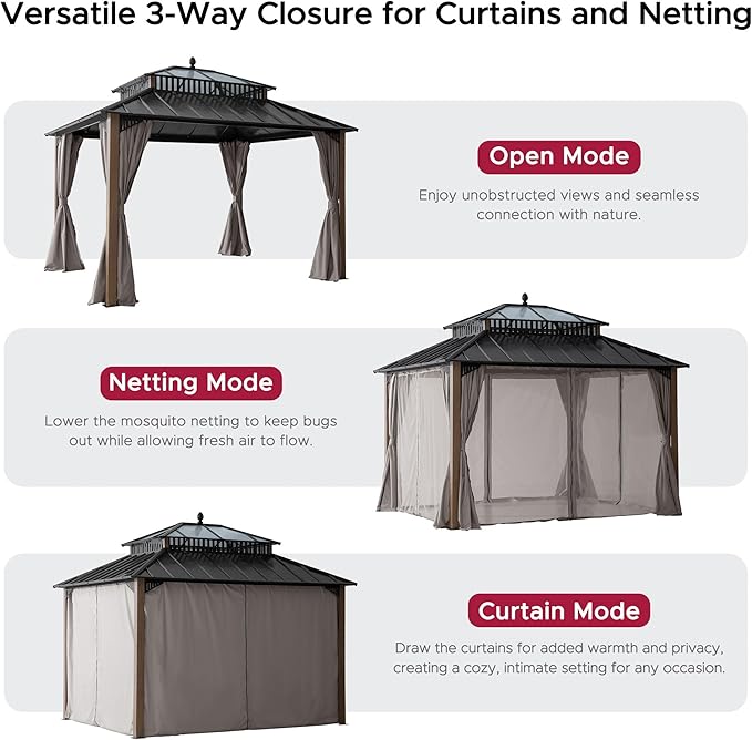 SUNJOY Kingston 12' x 10' Hardtop Gazebo with Galvanized Steel/Polycarbonate Double Roof, Curtain and Netting, Woodgrain Finish Aluminum Posts Permanent Pavilion Gazebo for Garden, Patio, Deck, Lawn