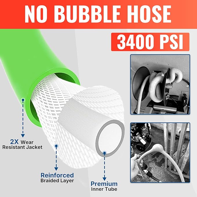 YAMATIC Flexible Pressure Washer Hose 50FT, 3400 PSI 1/4'' Power Washer Hose Replacement for Gas&Electric Washer, Kink Resistant Extension Leak-Free M22 Fittings, Green
