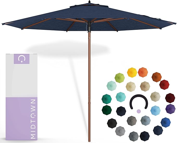 Midtown Umbrellas The Wooden 8 Feet Patio Umbrella With Sunbrella Spectrum Indigo Acrylic Fabric - Aluminum Frame Market Umbrella For Backyard, Deck, Garden, Pool - Wooden Pole