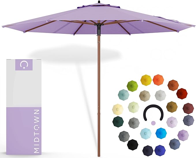 Midtown Umbrellas The Wooden 9 Feet Patio Umbrella With Terylast Midtown Purple Polyester Fabric - Aluminum Frame Market Umbrella For Backyard, Deck, Garden, Pool - Wooden Pole