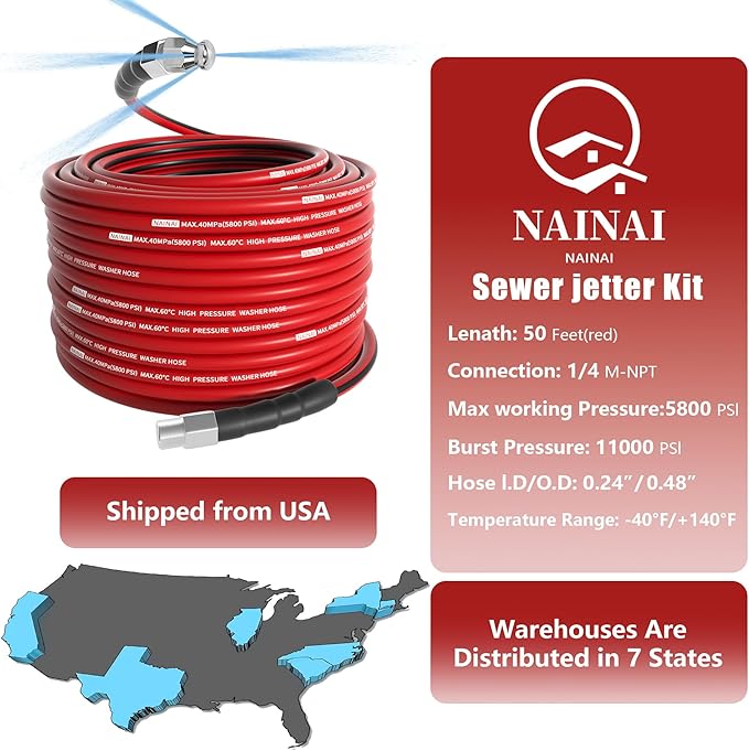 NaiNai 50FT Sewer Jetter Kit for Pressure Washer,1/4 Inch NPT Sewer Jetting Hose,Pressure Washer Drain Cleaner Hose 5800PSI with Sewer Jetter Nozzles, Gloves, Waterproof Tape, Apron (50FT)