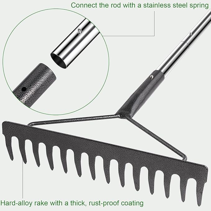 Sturdy Garden Rakes for Leaves: Metal Rake Heavy Duty Tool for Quick Clean Up of Lawn and Yard, 38’’--63’’ Adjustable Long Handle and 25Tins