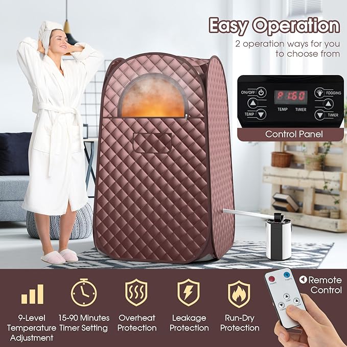 COSTWAY Portable Steam Sauna, Full-Body Personal Sauna Tent w/ 3L Steam Generator, Foldable Chair, Foot Massager, Timer, Remote Control, Indoor Pop-up Sauna Tent for Home Spa Relaxation (Coffee)