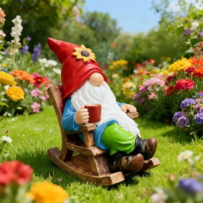 Drinking Coffee Faceless Garden Gnome Statue Decoration - 7.2"Figurine Ornament for Indoor Outdoor Home Patio Yard Lawn-Sunflower Gnome Statue-Best Garden Gifts for Mothers Day, Housewarming, Festival