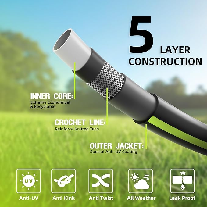 Worth Lead-in Garden Hose 5/8 in. x 25 ft. -No Kink, Flexible, Leakproof, Male to Female Fittings -Heavy Duty Durable PVC Lightweight Water Pipe with Brass Aluminum Ends for Household & Yard Use