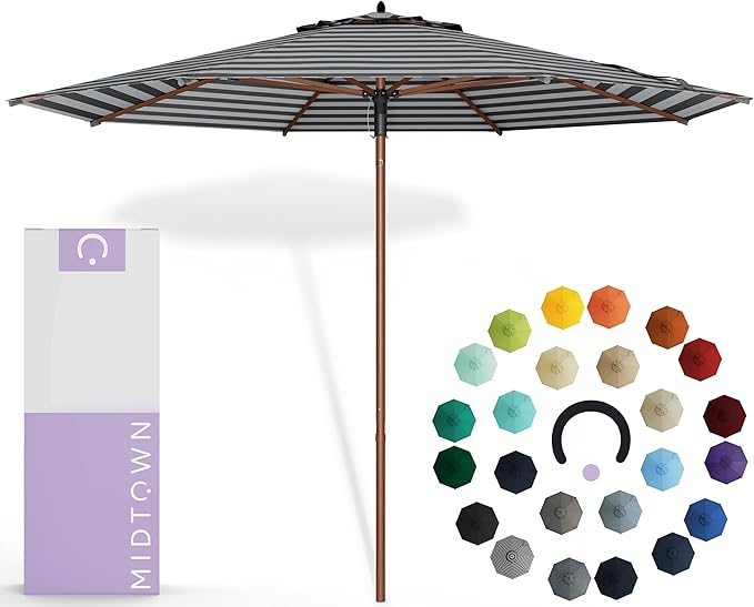 Midtown Umbrellas The Wooden 8 Feet Patio Umbrella With Sunbrella Black & White Acrylic Fabric - Aluminum Frame Market Umbrella For Backyard, Deck, Garden, Pool - Wooden Pole
