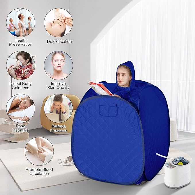 ZONEMEL Portable Steam Sauna Kit for 1 Person or 2 Person Full Body Home Sauna Spa, Leg Detox Relaxation, 2L Steam Pot, Remote Control (Blue, L 33.5”x W 32.3”x H 41.7”)