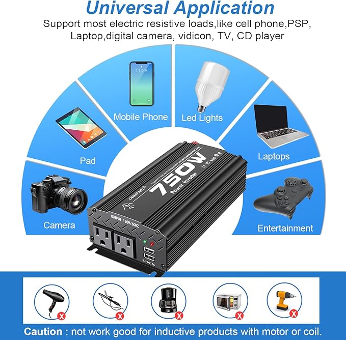 750W Modified Sine Wave Power Inverter DC 12V to AC 110V, Peak 1500 Watt, Car Plug Inverter Adapter Power Converter with 4.2A Dual USB Charging Ports and 2 AC Outlets Car Charger Black