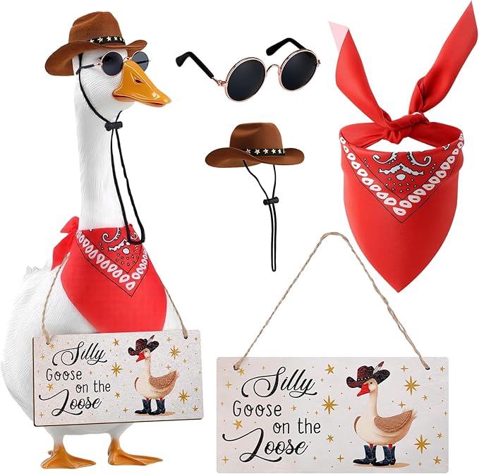 4pcs Western Cowboy Porch Goose Outfits, Silly Goose on The Loose Hangings Sign Cowboy Hat Bandana Glasses for 17 or 23 inches Statue Outdoor Patio Yard Lawn Art (Brown, Red)