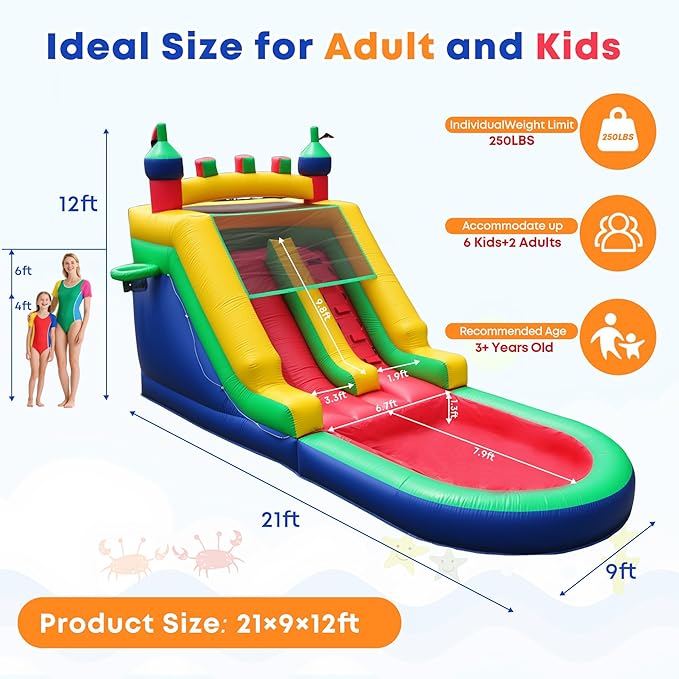 Commercial Inflatable Water Slide for Adults Kids, 100% PVC Inflatable Castle Big Water Slide with 950W Blower, Splash Pool, Large Waterslide Bounce House for Backyard Party, Outdoor Park, 21×9×12ft