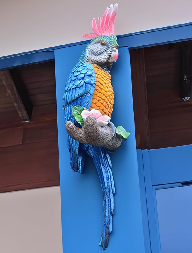 Coolboy Parrot Figurine, Outdoor Resin Bird Decoration, Flapping Macaw Bird Tropical Decor Wall Sculpture, Polyresin, Blue