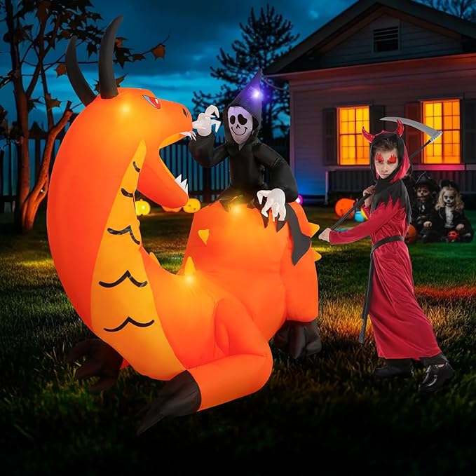 8FT Halloween Inflatables Dinosaur Outdoor Decoration, Grim Reaper Riding Dinosaur with 5 LED Lights Built-in Blow Up, Holiday Outside Decor for Yard Lawn Patio Garden Party