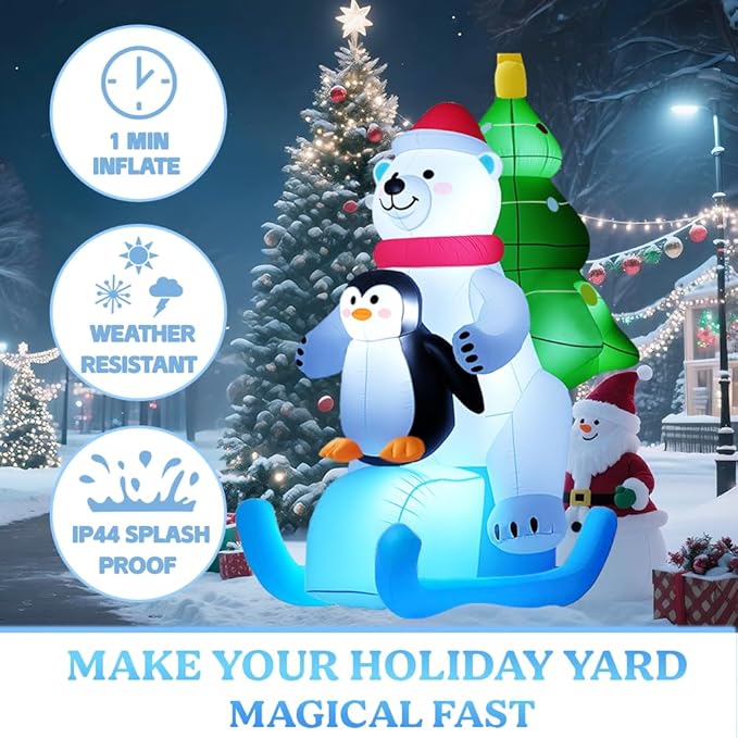 GARIG 7FT Christmas Inflatables White Bear Skiing with Penguin Outdoor Decorations, Christmas Blow Up Yard Decorations with Built-in LEDs for Xmax Outdoor Party, Yard, Garden