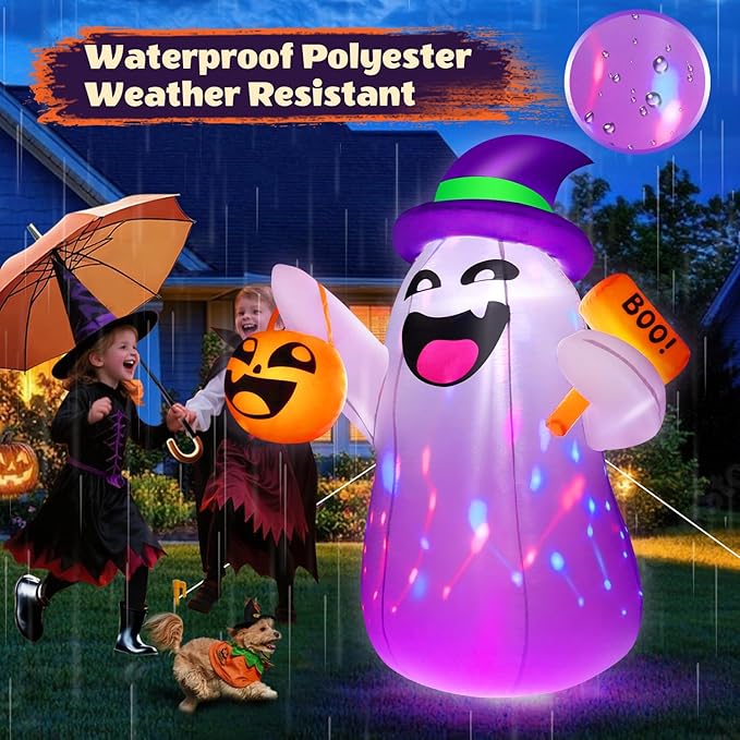 5FT Halloween Inflatables Ghost Built-in Colorful Flashing LED Lights, Cute Halloween Decorations Outdoor with Pumpkin Boo, Blow Up Yard Decorations for Indoor Yard Party (1PCS)