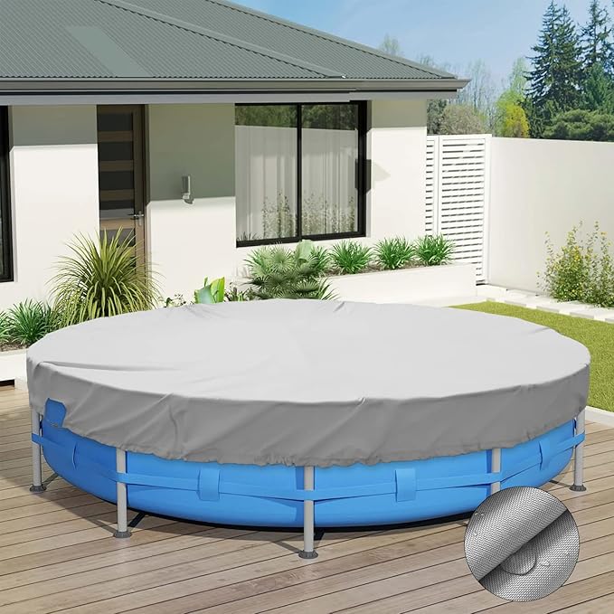 ECOOPTS 15 ft Waterproof Round Polyester Pool Cover for Above Ground Pools, Swimming Pool Cover Protector Winter Safety Cover (Light Grey)