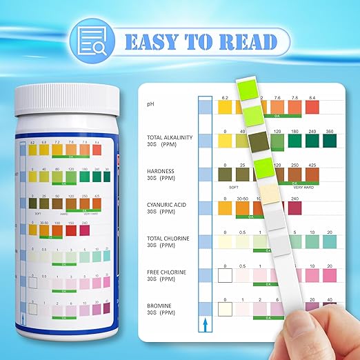 Pool Spa and Hot Tub Test Strips - 125 Pool Spa Test Strips - Swimming Pool Water Testing Kit - Rapid Accurate Easy to Test pH, Hardness, Bromine, and More (7-Way)
