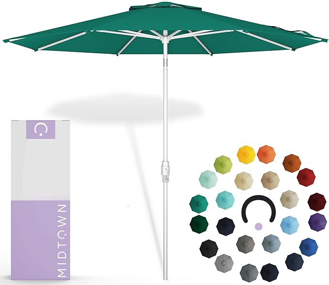 Midtown Umbrellas The Swilt 8 Feet Patio Umbrella in Sunbrella Canvas Teal Acrylic Fabric - Fiberglass Ribs, Auto-Tilt Aluminum Frame For Backyard, Deck, Garden, Pool - White Pole