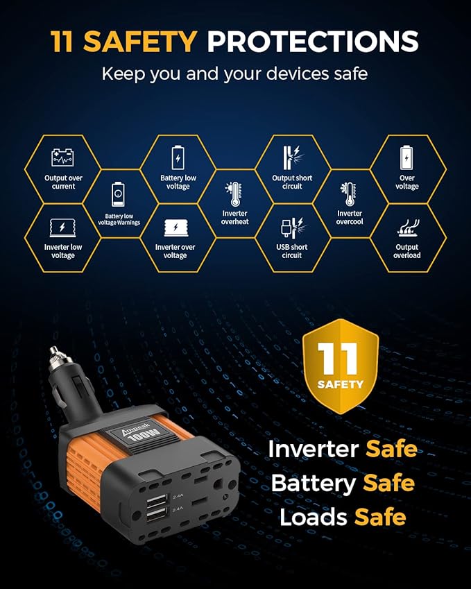 Ampeak 100W Car Power Inverter 4.8A Dual USB Ports AC Outlet 11 Safe Protections Cordless Cigarette Lighter Adapter for iPhone iPad