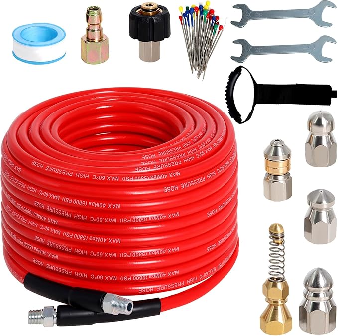 Sewer Jetter Kit for Pressure Washer 100FT, 5800PSI Drain Cleaner Hose 1/4 Inch NPT Corner with 5 Sewer Jetting Nozzles，Waterproof Tape，Pearl Corsage Pin & 2 Spanners (Red)