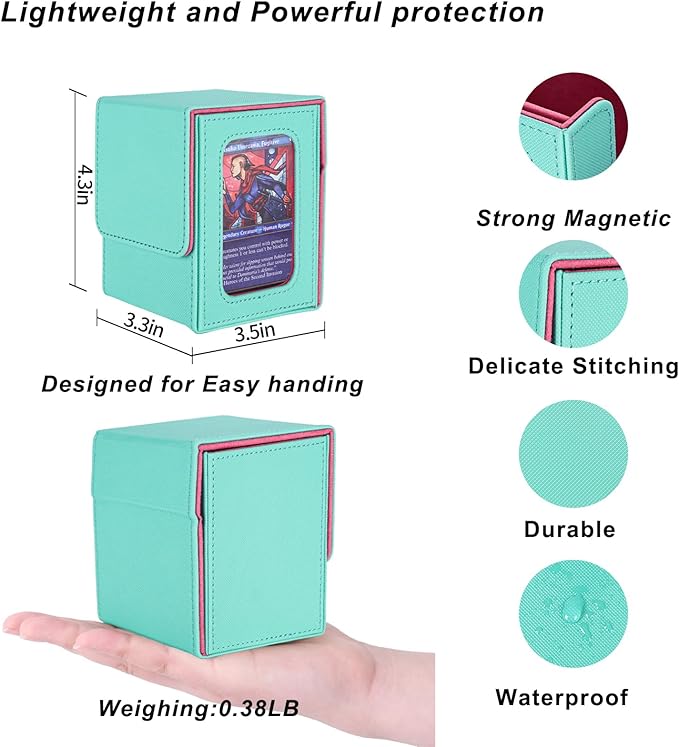 AFIING MTG Deck Box for Commander Display,Card Deck Case Fits 100 Double Sleeved Cards, Magic Commander TCG Card Storage Box with 2 Dividers,Dice Bag and 1 Toploader(Green Rose pink)