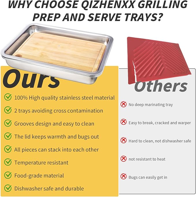 Grilling Prep and Serve Trays, Stainless Steel Large Capacity Food Prep Tray, Grill Carry System, Marinade Container with Lid and Cutting Board, BBQ Grill Accessories, Grilling Gifts for Men