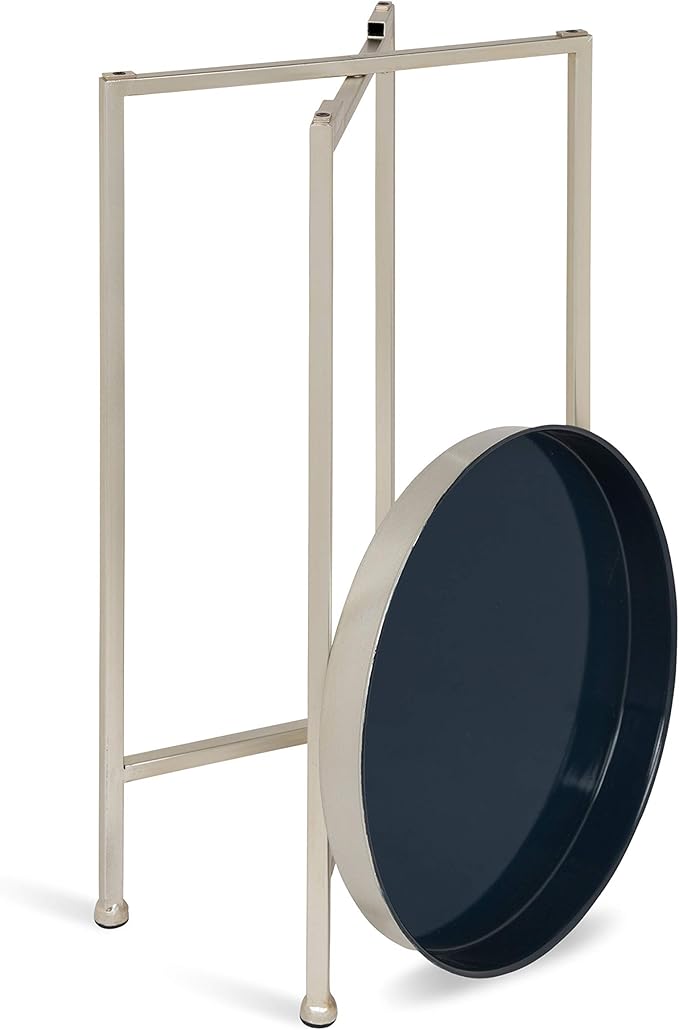 Kate and Laurel Celia Round Foldable Tray Accent Table, 14" x 14" x 25.75", Navy and Silver, Modern Minimalist Design and Magnetic Detachable Tabletop