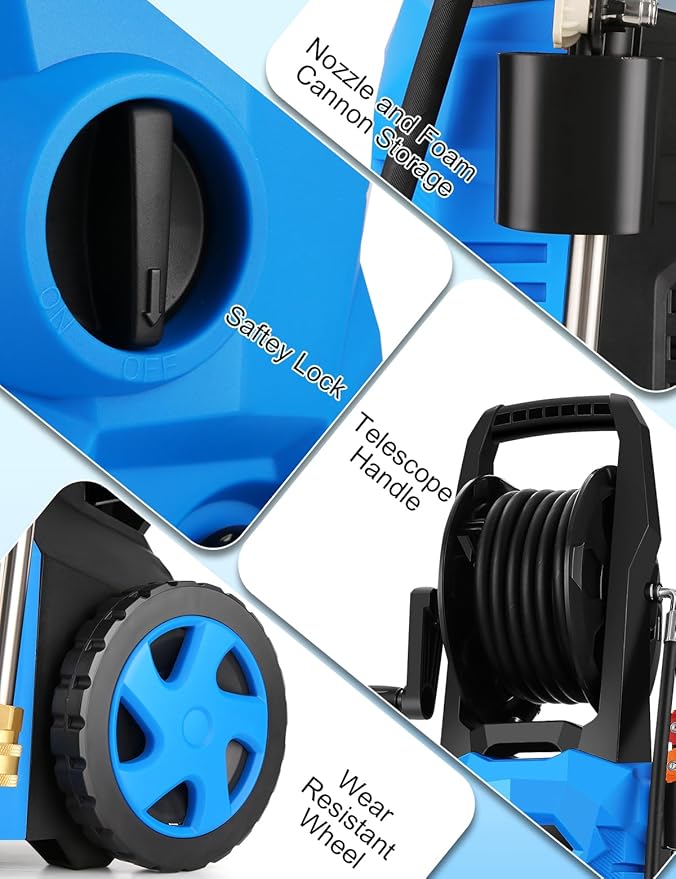 5000PSI Pressure Cleaner - 2025 New Power Cleaner with Upgraded 33ft Pressure Cleaner Hose Reel, Foam Cannon, 4 Nozzle Set, Power Cleaner for House/Patios/Car/Fence, Blue