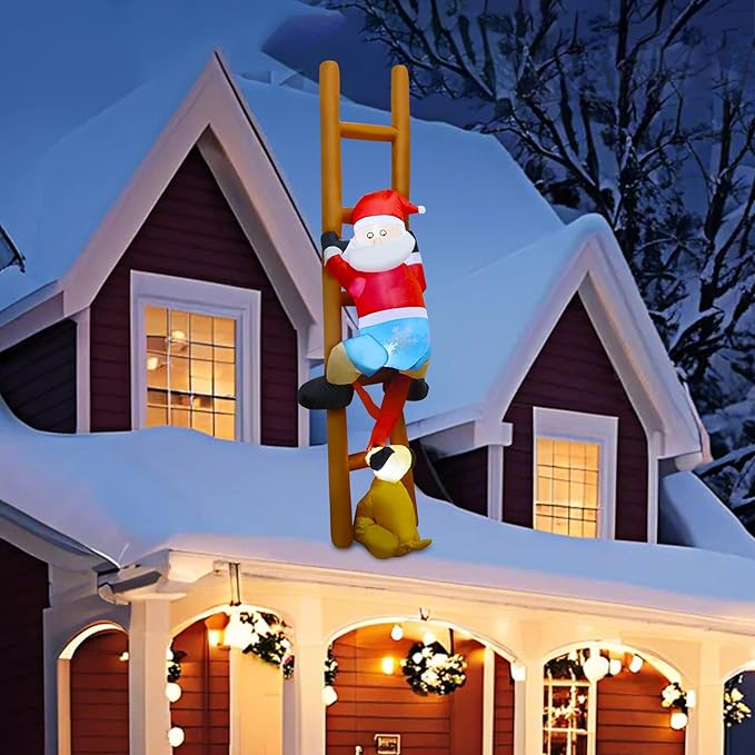 DR.DUDU 8 FT Christmas Inflatable Outdoor Decoration, Blow Up Santa Claus on Ladder with Puppy Dog with LED Lights for Yard Lawn Window Tree Xmas Holiday Inflatables Decorations