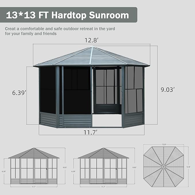 Domi 13 x 13 Sunroom Octagonal Solarium,Screen Houses for Outdoors Backyard with Lockable Sliding Door,Moveable PC Screen,Galvanized Steel Sloping Roof