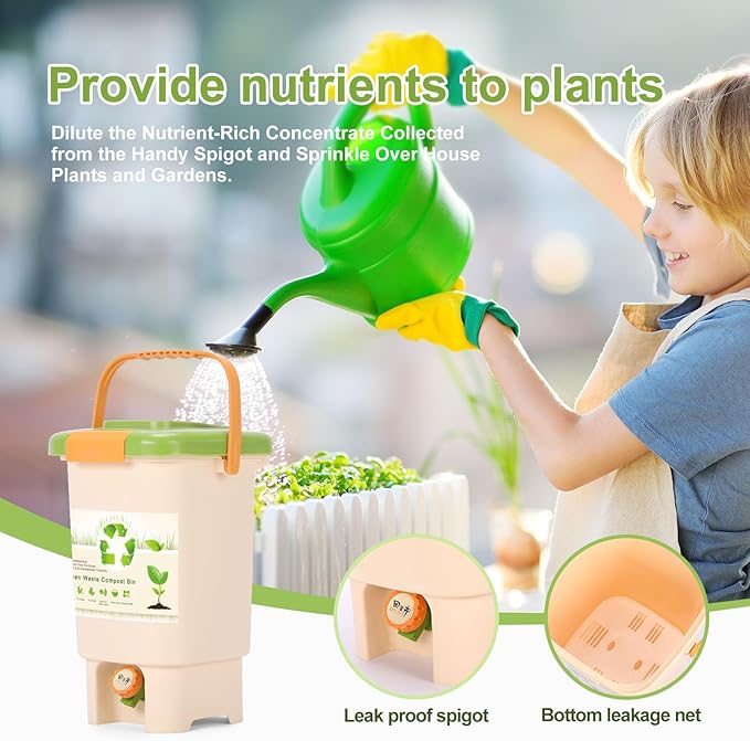 Compost Bin Outdoor, 15L Garden Composting Bin Bags, Breathable Screen Window Reusable Garden Yard Waste Bags Speed Up Composting & Reduce Odors, Indoor Small Kitchen Compost Bin with Lid, Beige