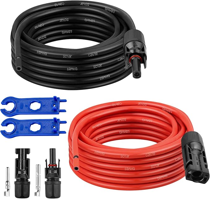 XRDS -RF Solar Extension Cable 10AWG, 10FT Red & Black Solar Panel Wire with Solar Connectors, PV Wire with Disconnect Wrenches & Extra Male/Female Connectors for RV, Camper, Inverter, Off-Grid System