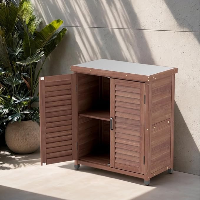 Elegant Brown Solid Wood Potting Bench with Storage Cabinet & Durable Metal Table Top for Outdoor Patio, Perfect Garden Furniture Workstation 31.5x17x36