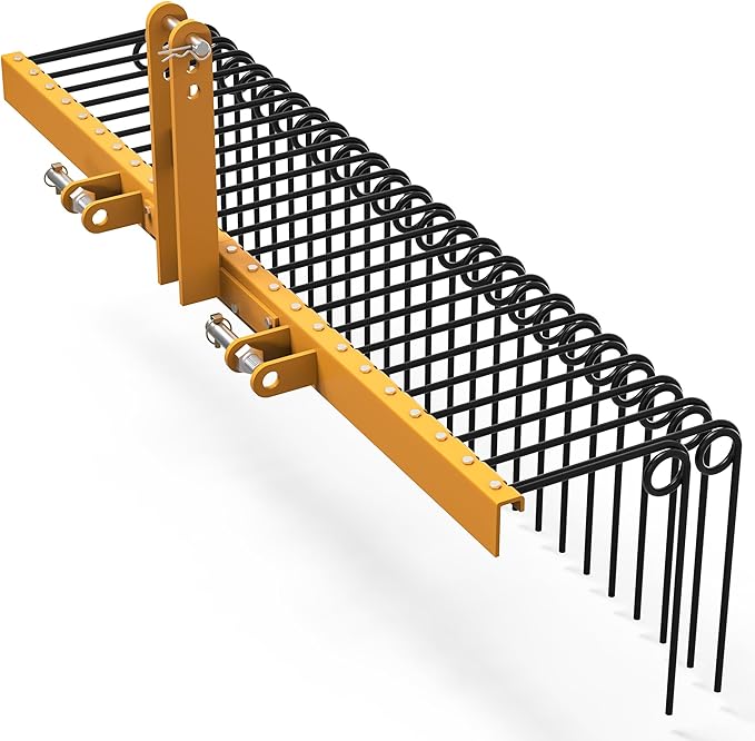 YITAMOTOR 60" Tow Behind Landscape Rake, 3 Point Quick Hitch Lawn Dethatcher Rakes with 26 Steel Tines for Category 1 Tractors, Heavy Duty Powder Coated Finish Tools for Leaves, Pine Needles, Straw