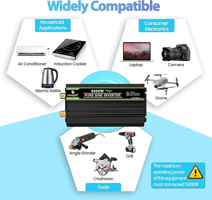NOVOPAL 5000 Watt Pure Sine Wave Power Inverter DC 24V to AC 110V 120V Rv Inverters with 1 USB Port-16 feet Remote Control, LCD Display for Truck, Hurricane, Home