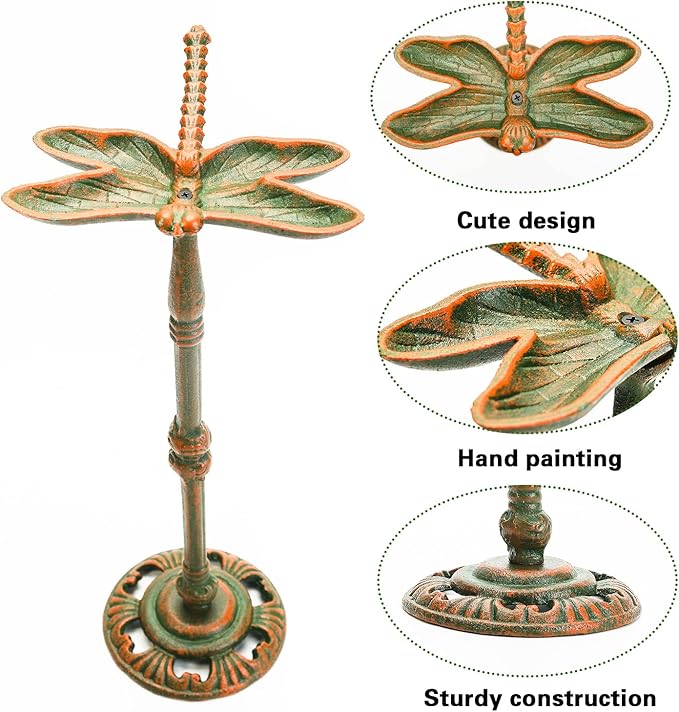 Sungmor Heavy Duty Cast Iron Small Bird Bath for Garden - Wild Bird Water Bath Food Holder - Outdoor Yard Standing Feeder with Vintage Special Color & Lovely Dragonfly Shape - Great Garden Ornament