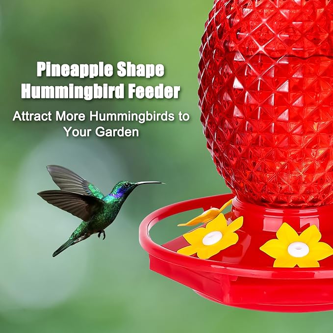 Glass Hummingbird Feeders for Outdoors Hanging Ant and Bee Proof 16OZ 2 Pack Red Pineapple Humming Bird Feeder with 6 Feeding Ports and Ant Moat Hummingbird Gifts for Women Garden Decor